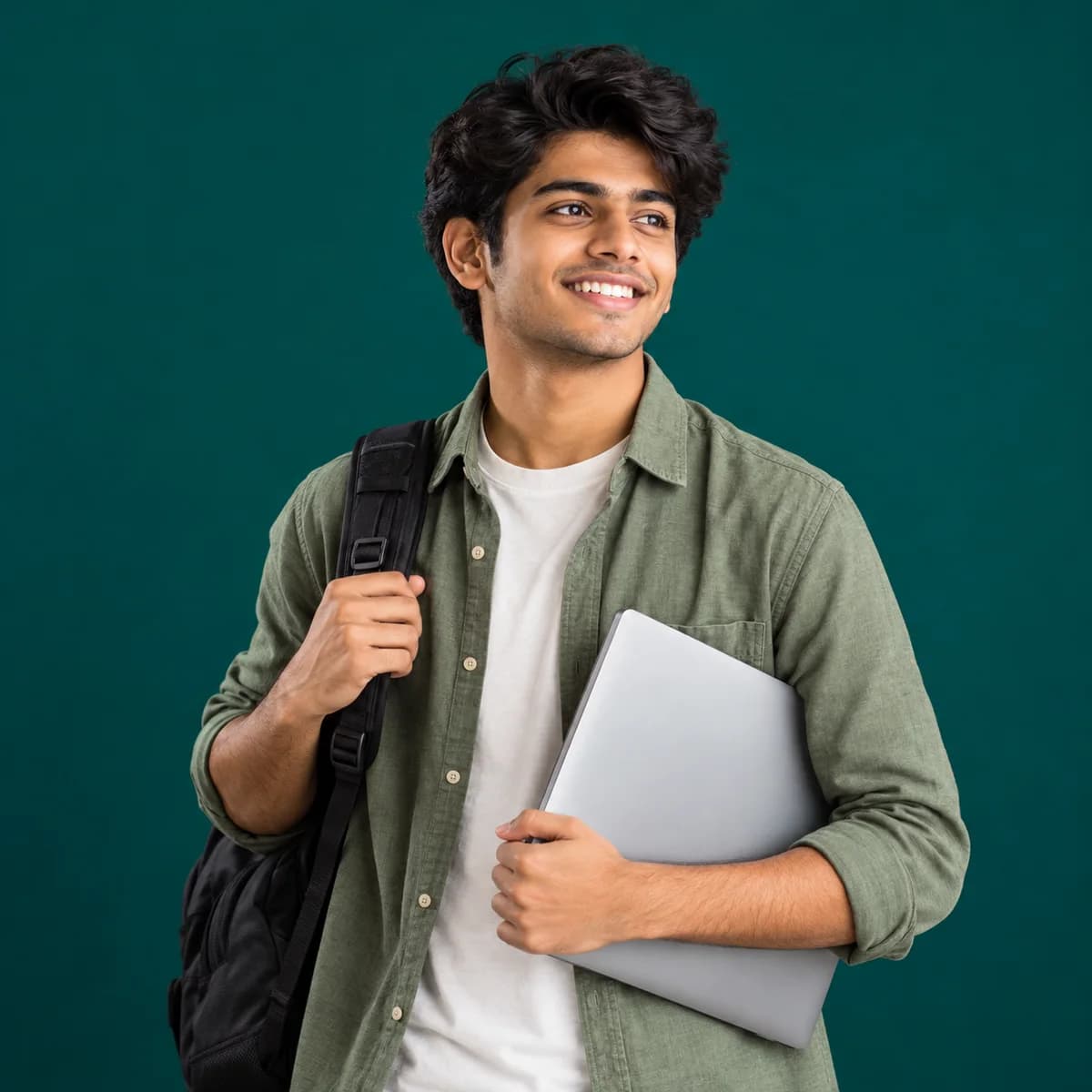A student with his backpack and laptop, ready for class